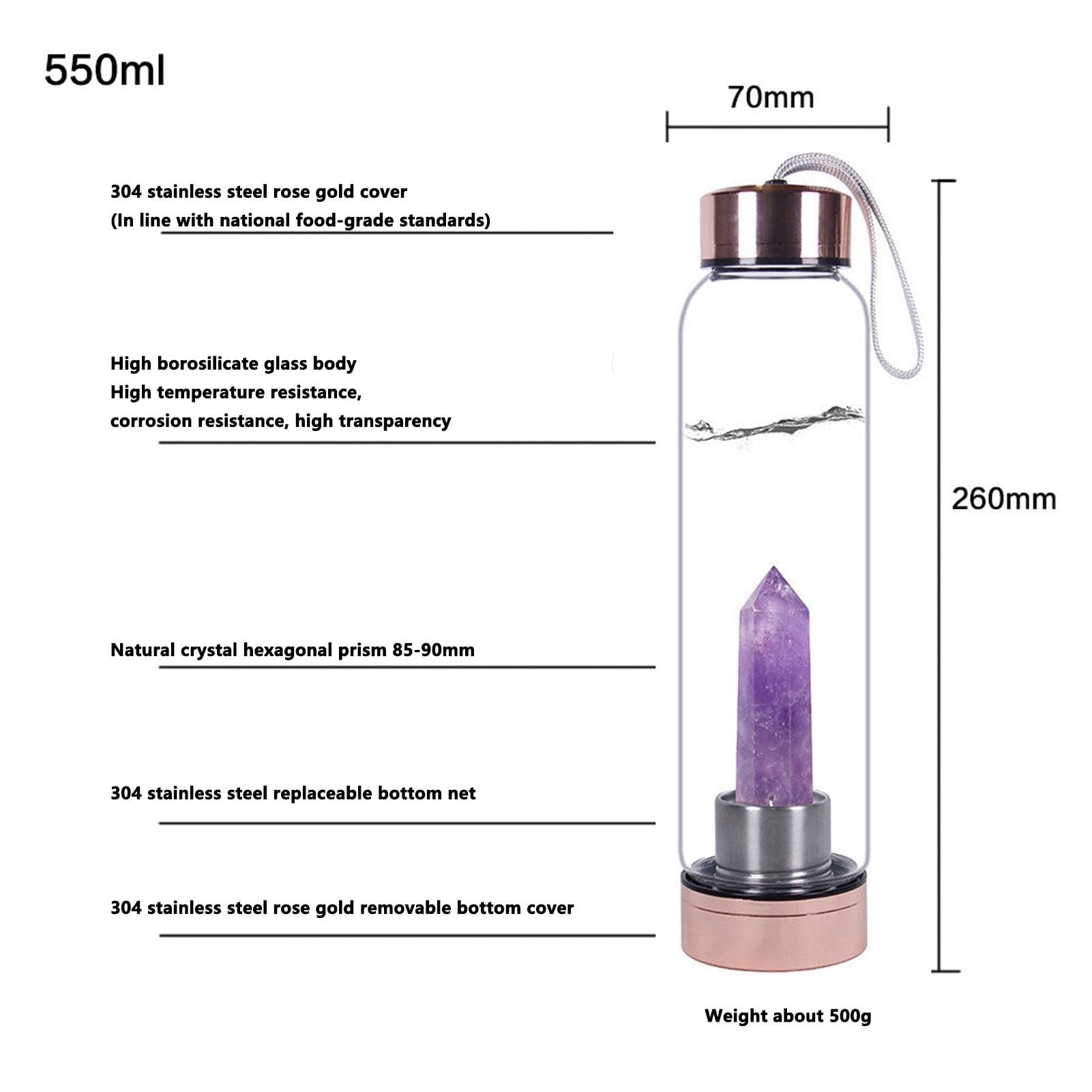 550Ml Botella De Agua De Cristal Natural Con Centro De Cristal Botella De Agua De Cristal De Cuarzo Elixir De Varita De Obelisco Curativo Copa De Piedras Preciosas De Punto De Energía Cristalina ( Col