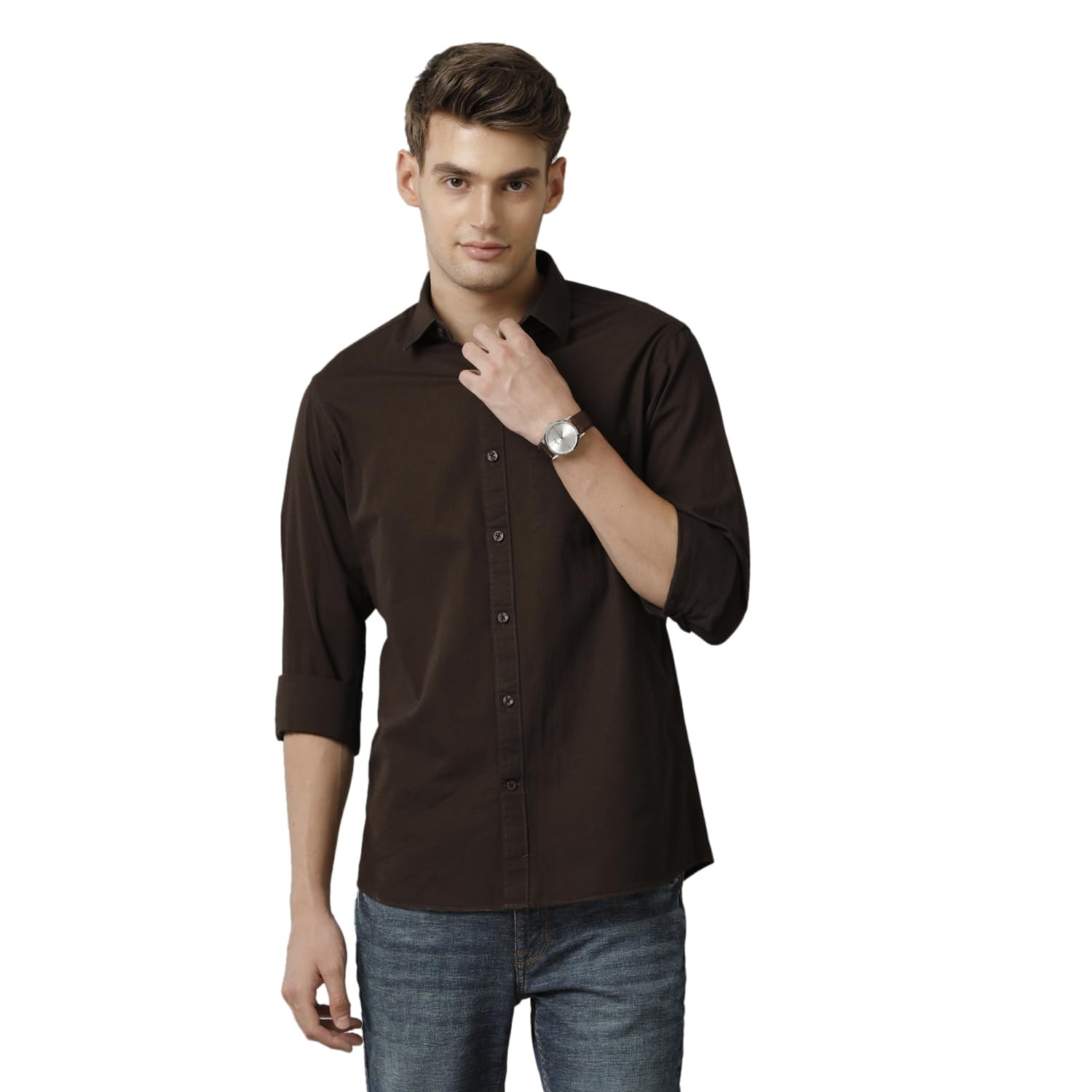 Cavallo by Linen Club Men's Brown Solid Slim Fit Full Sleeve Casual Shirt