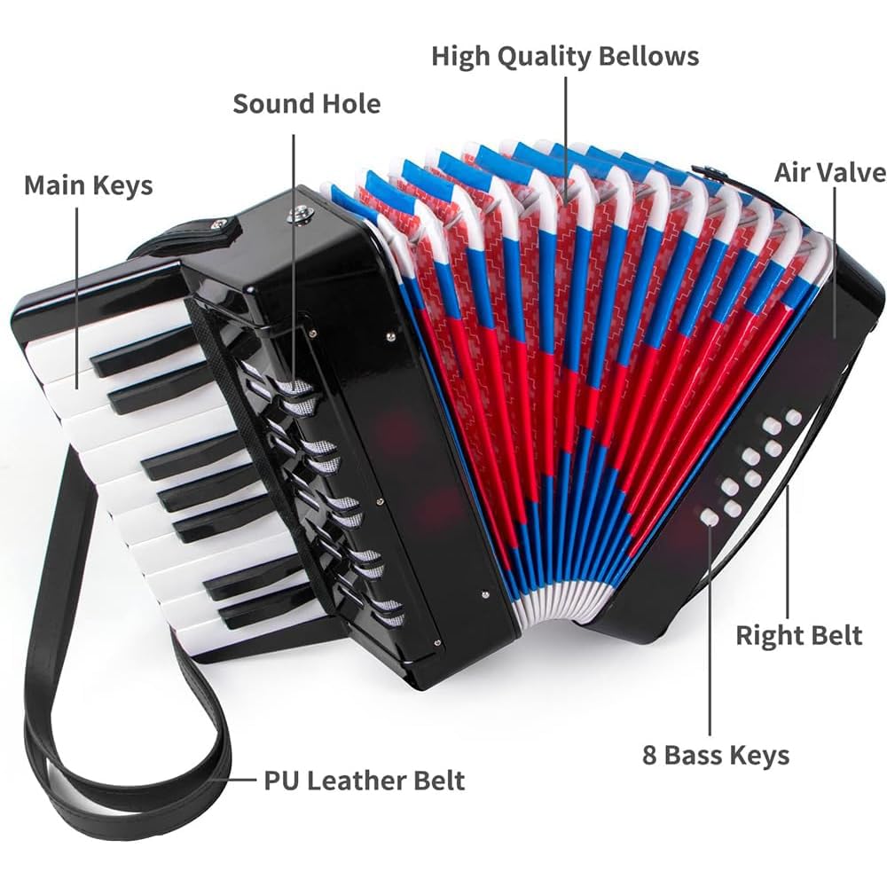 Accordeon Enfant，Accordeon，Accordéon Piano 17 Touches 8 Basses Instrument de Musique Avec Sangle en Cuir Rétractable，Convient aux Débutants, Aux Adultes Ou Aux Étudiants Instruments Éducatifs, Cadeaux