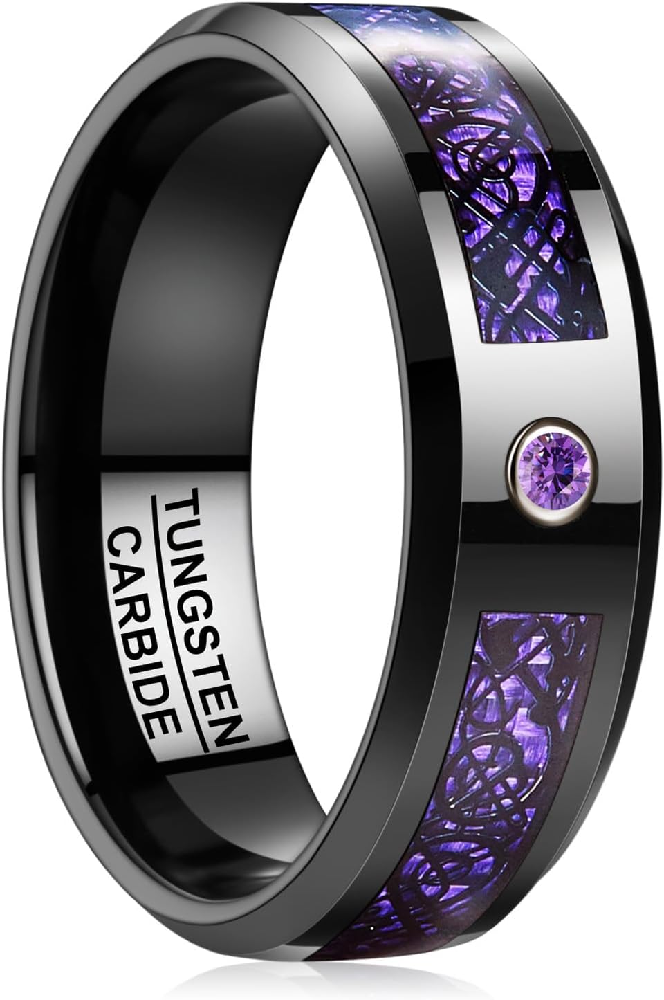TUNGSTORY Mens Wedding Band with Celtic Dragon 8mm, Black Tungsten Ring Inlaid with Purple Carbon Fiber and CZ, Comfort Fit Rings for Engagement Anniversary, Customizable, Beveled Edges, Size 7-12