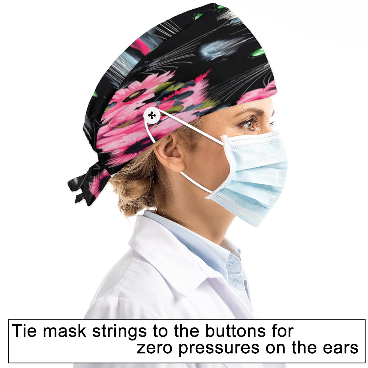 Aglebo Flowers Cats Working Caps with Buttons Sweatband Adjustable Elastic Bouffant Surgical Caps Breathable Nurse Doctor Hat Men Women