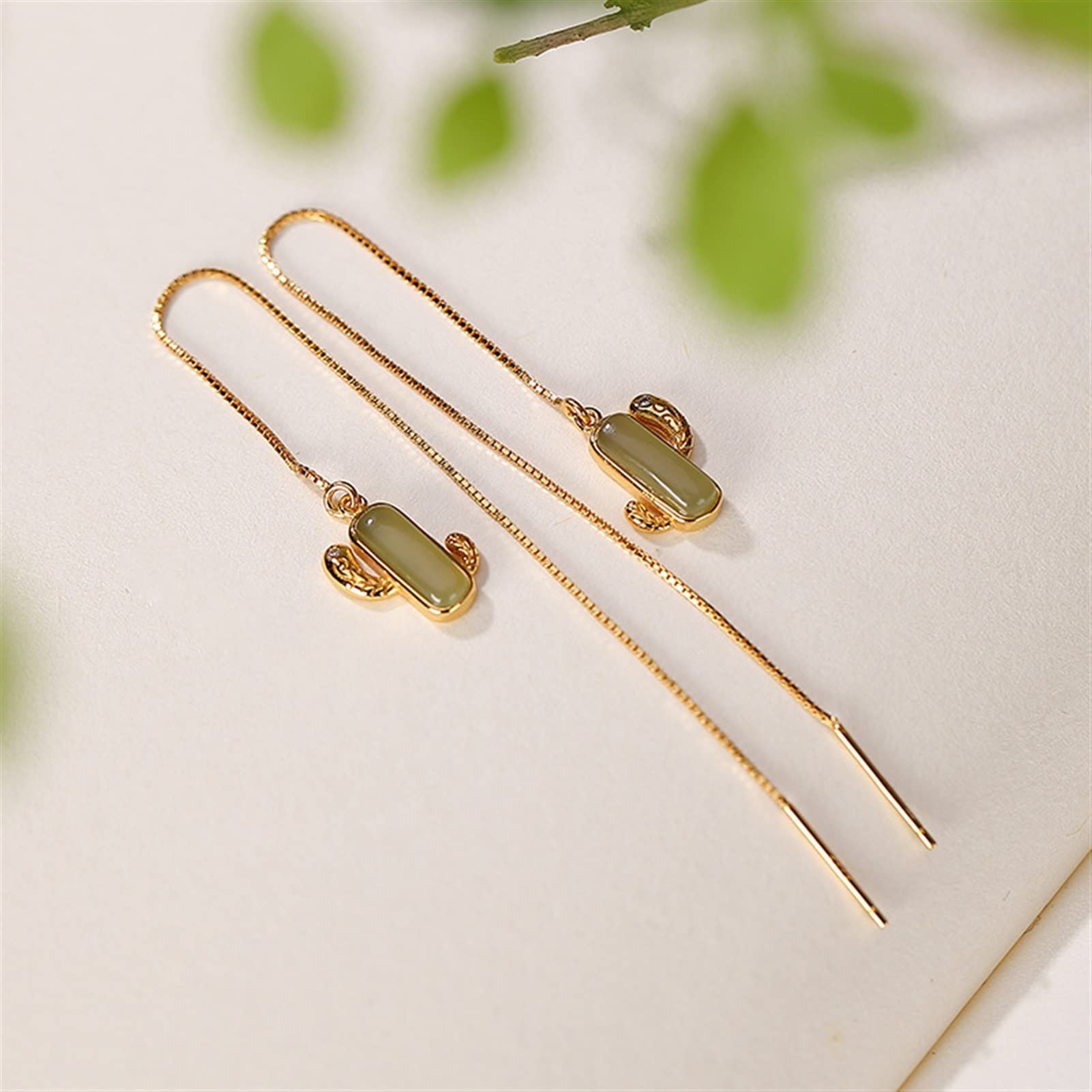 Pendientes de plata S925 con incrustaciones de oro y jade hetiano, pendientes con forma de cactus para mujer, joyería para novia