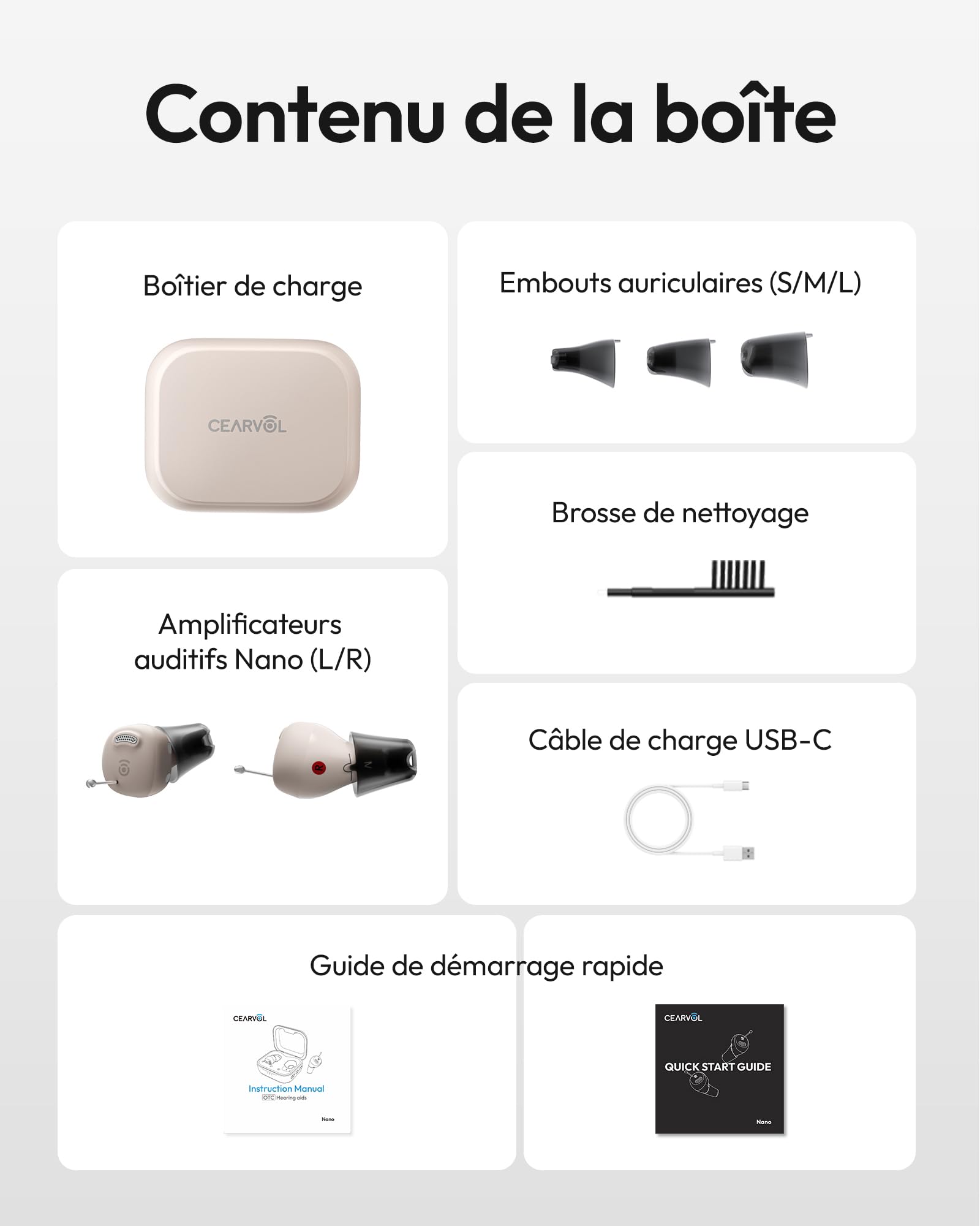 Nano Amplificateur auditif avec Étui de Charge, Contrôle Tout-en-un, 3 Modes et 3 Programmes Sonores, Design Discret, Lumière Stellaire