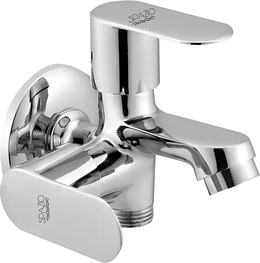 Spazio Opal Series Brass 2 Way Bib Cock | 2 in 1 Tap (Pack of 1) for Bathroom & Kitchen Chrome Finish Silver Plated Twin E...