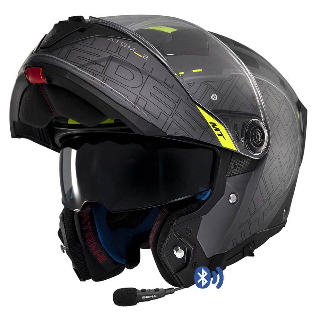 Designed MT Atom 2 Destiny C2 Gris Amarillo Mate Bluetooth Sena Integrado - Casco de Moto Modular Abatible con Visor Solar - Unisex Hombre y Mujer - Homologado P/J ECE 22.06