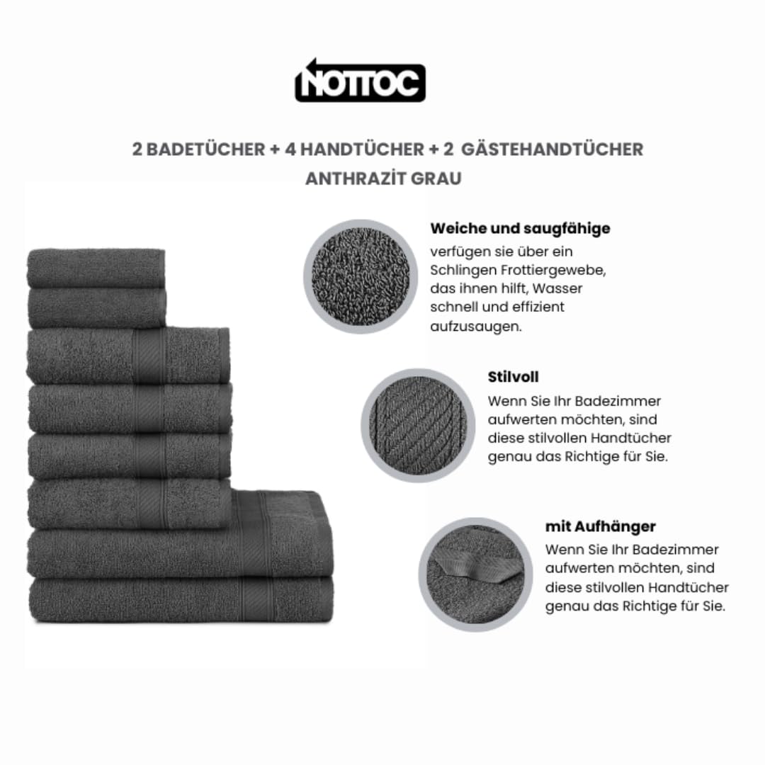 nottoc Set Asciugamani Bagno Grigio Antracite, Hotel, 100% Cotone, 2 Telo Doccia 70x140cm + 4 Asciugamani 50x90cm + 2 Asciugamani Ospiti 30x50cm, Asciugamani Bagno Viso e Bidet, Morbidi, Assorbenti