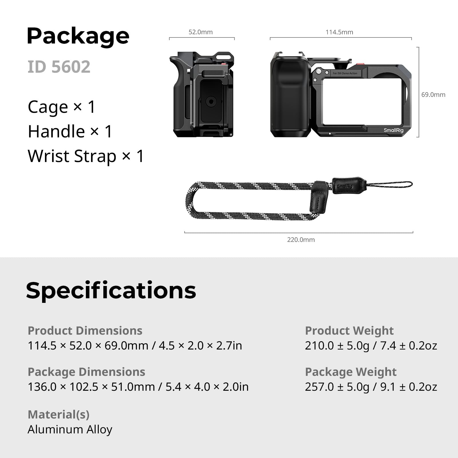 SMALLRIG Zestaw uchwytów do DJI Osmo Action 5 Pro/4/3 z klatką, uchwyt do ulicznej do DJI, szybkie zwalnianie, przycisk migawki, stopka zimna, pasek na nadgarstek, otwór z gwintem 1/4 cala - 5602