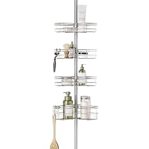 Zenna Home Tension Pole Shower Caddy Corner Organizer, Adjustable Standing Shower Caddy with 4 L-shaped Baskets and Hooks, Rust Resistant Bathroom Tension Rod Organizer, 60 to 97 Inch, Satin Nickel
