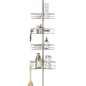 Zenna Home Tension Pole Shower Caddy Corner Organizer Adjustable Standing Shower Caddy with 4 L-shaped Baskets and Hooks