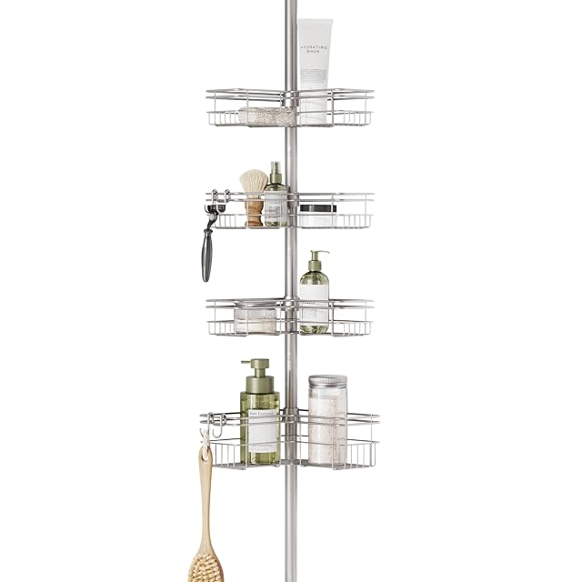 Zenna Home Tension Pole Shower Caddy Corner Organizer Adjustable Standing Shower Caddy with 4 L-shaped Baskets and Hooks