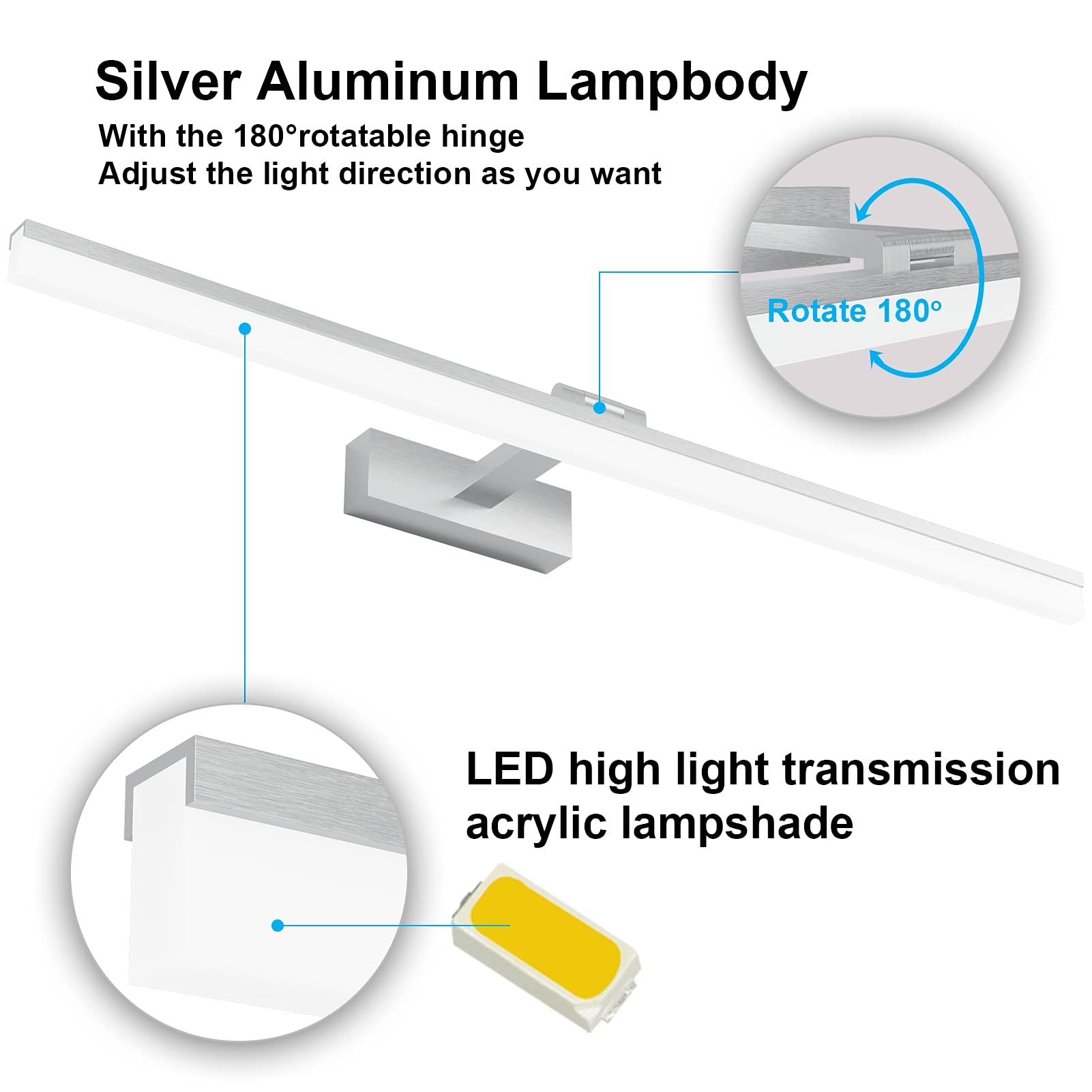 Klighten Lampada Specchio Bagno 24W 80CM Impermeabile IP44, LED Bianco Freddo 6000K 1170LM Luce 180°Regolabile, Non Dimmerabile