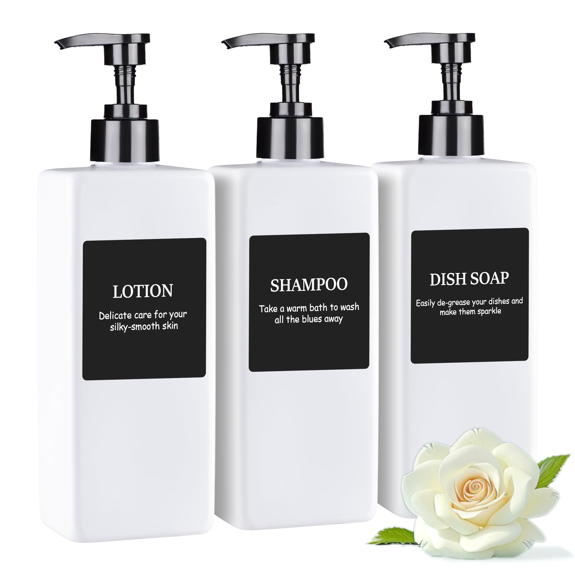 Refillable Plastic Pump Bottle Dispenser with Waterproof Labels - Empty Bathroom Soap and Body Wash Dispenser Set (White, Set of 3, 500ML)