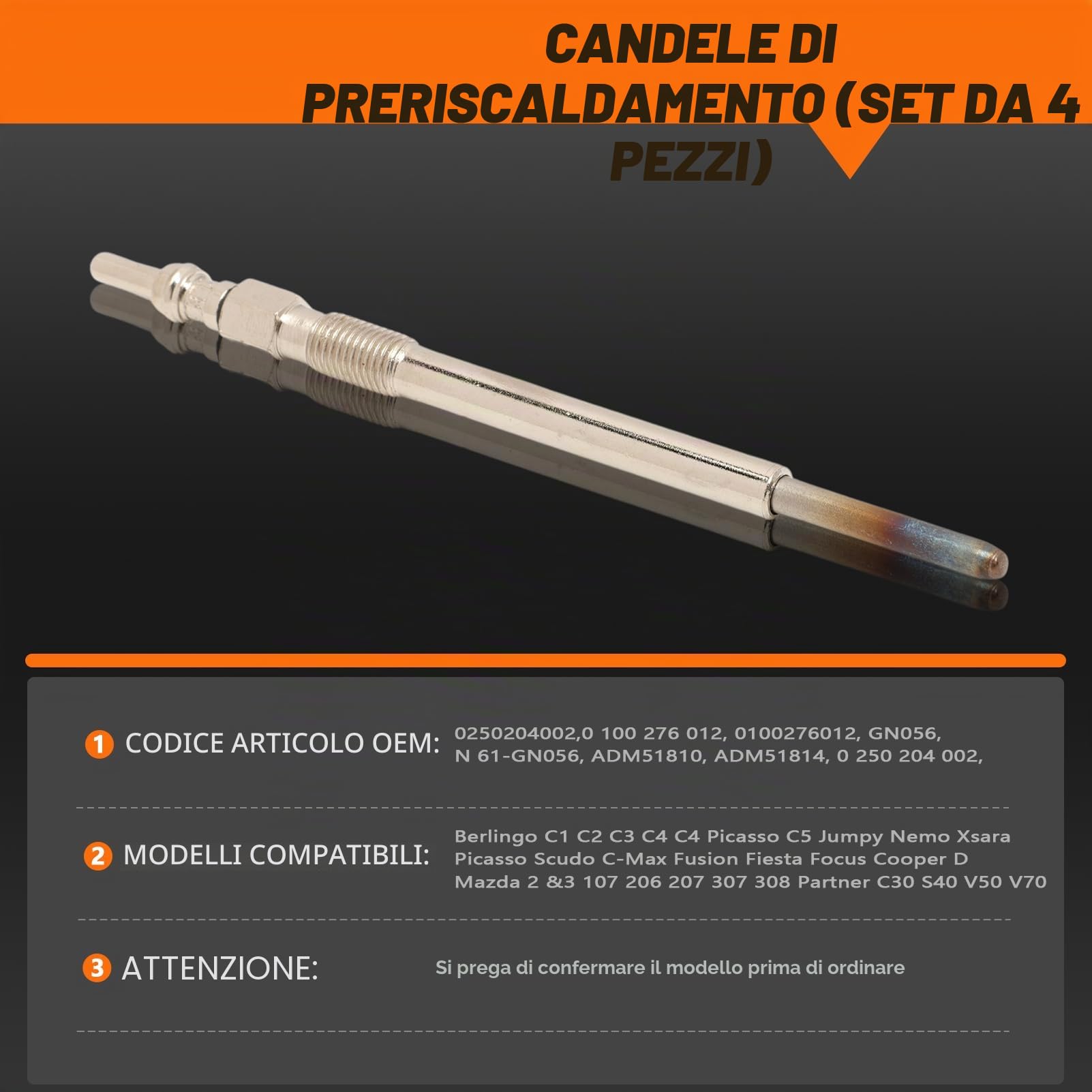 4 Candelette compatibili con Berlingo C1 C2 C3 C4 C4 107 206 207 307 308 Partner C30 S40 V50 V70, Candelette per PSA 1,4 l Hdi e 1,6 l Motore Hdi