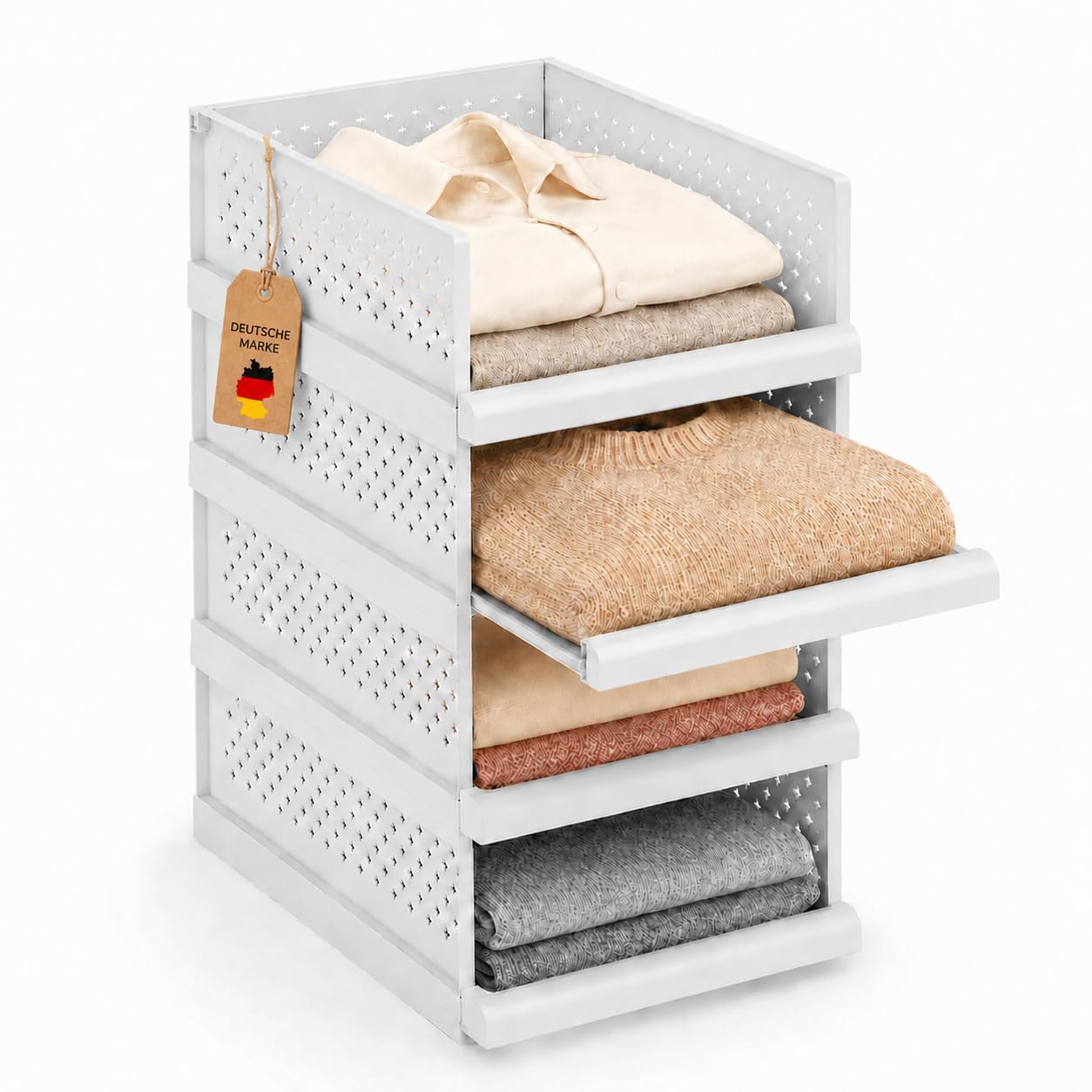 RMAN® 4 Set Organizer Armadio, Pieghevole Cassetti di Plastica per Armadio Interno Impilabili con Sistema a Guide Scorrevoli Indipendenti Scatole per Armadio per Cucina, Bagno, Camera, Bianco