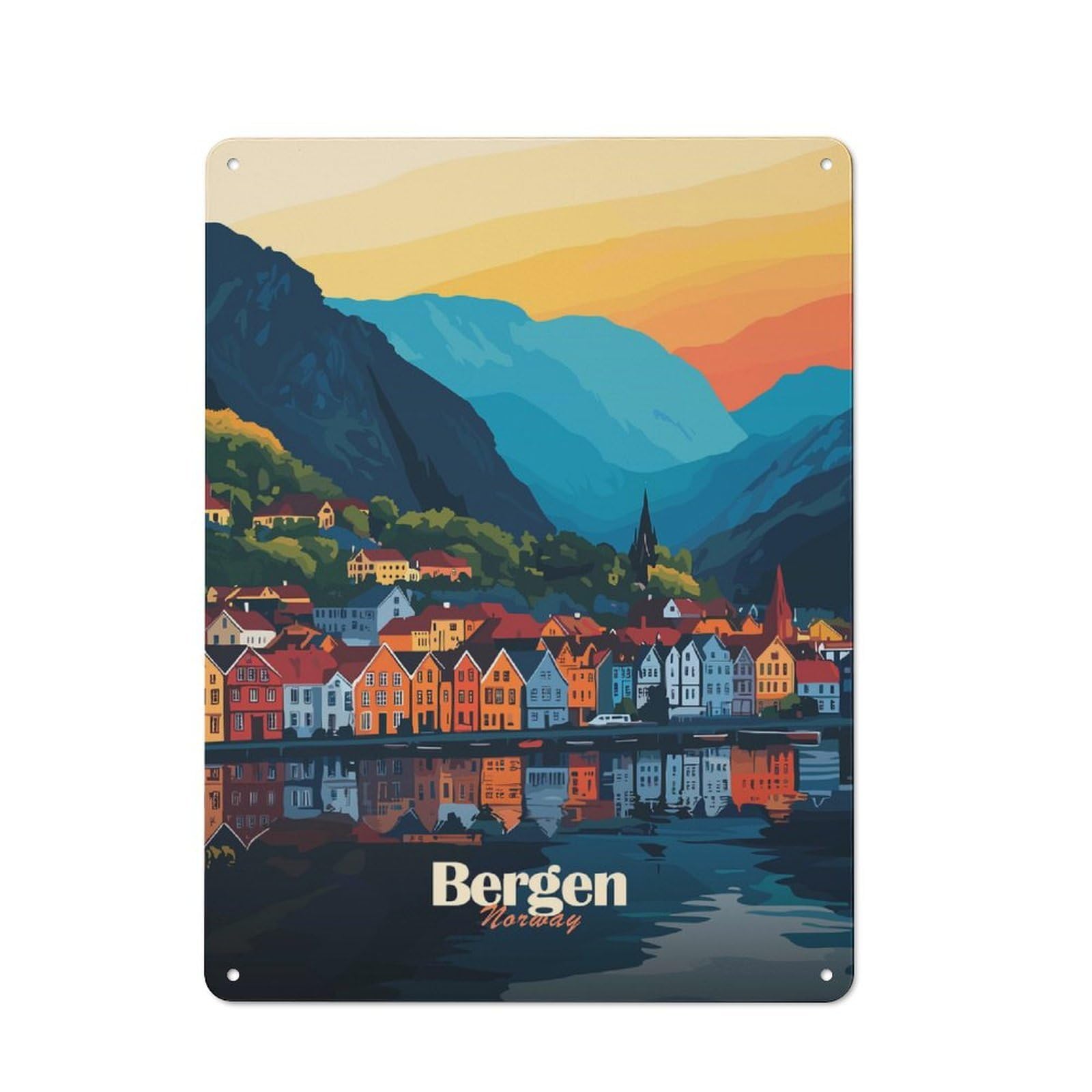 Bergen, Norway Cityscape Vintage Metal Wall Decor 40x30cm, Vintage Metal Sign for Cafe, Bistro, Bakery Or Restaurant