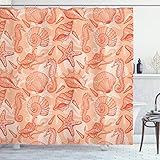 Ambesonne Coral Shower Curtain, Nautical Marine Sea Mix Group with Seahorse Shells and Starfish Ocean Summer Theme, Cloth Fabric Bathroom Decor Set with Hooks, 69' W x 70' L, Salmon