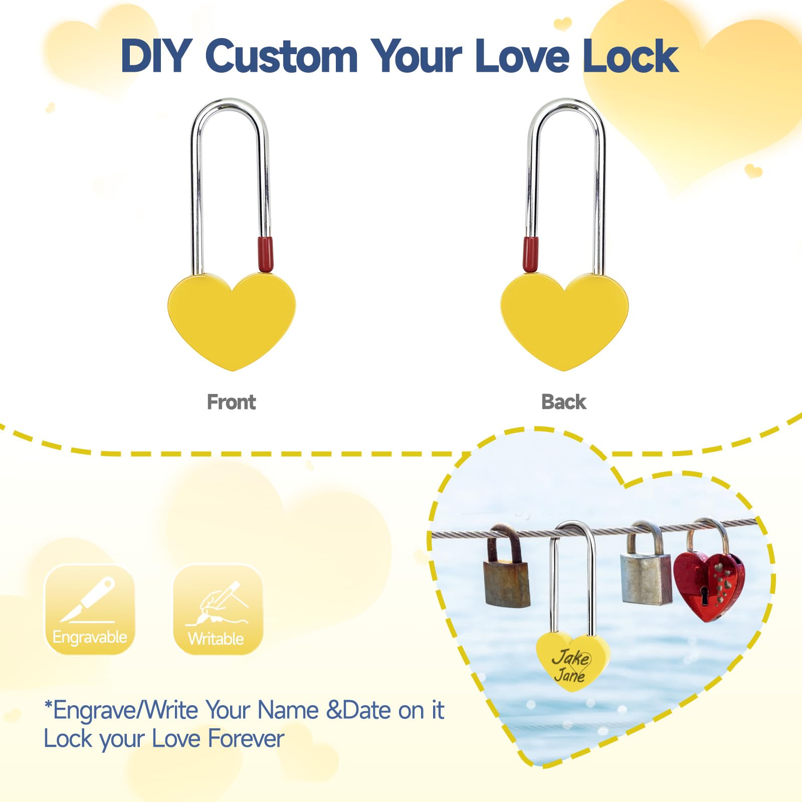 Candado de corazón único sin llave, 5 candados amarillos de 3.5 pulgadas, 50 mm, para puente Lovelock, árbol de deseos (sin llave)