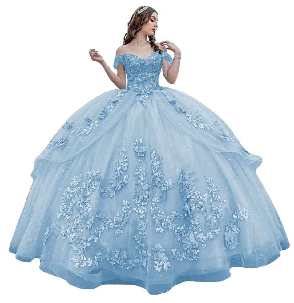 Mauuwy 3D Floral Quinceanera Dresses Ball Gown Puffy Sparkly Tulle Sweet 16 Dresses Off Shoulder Lace Princess Dress Y120