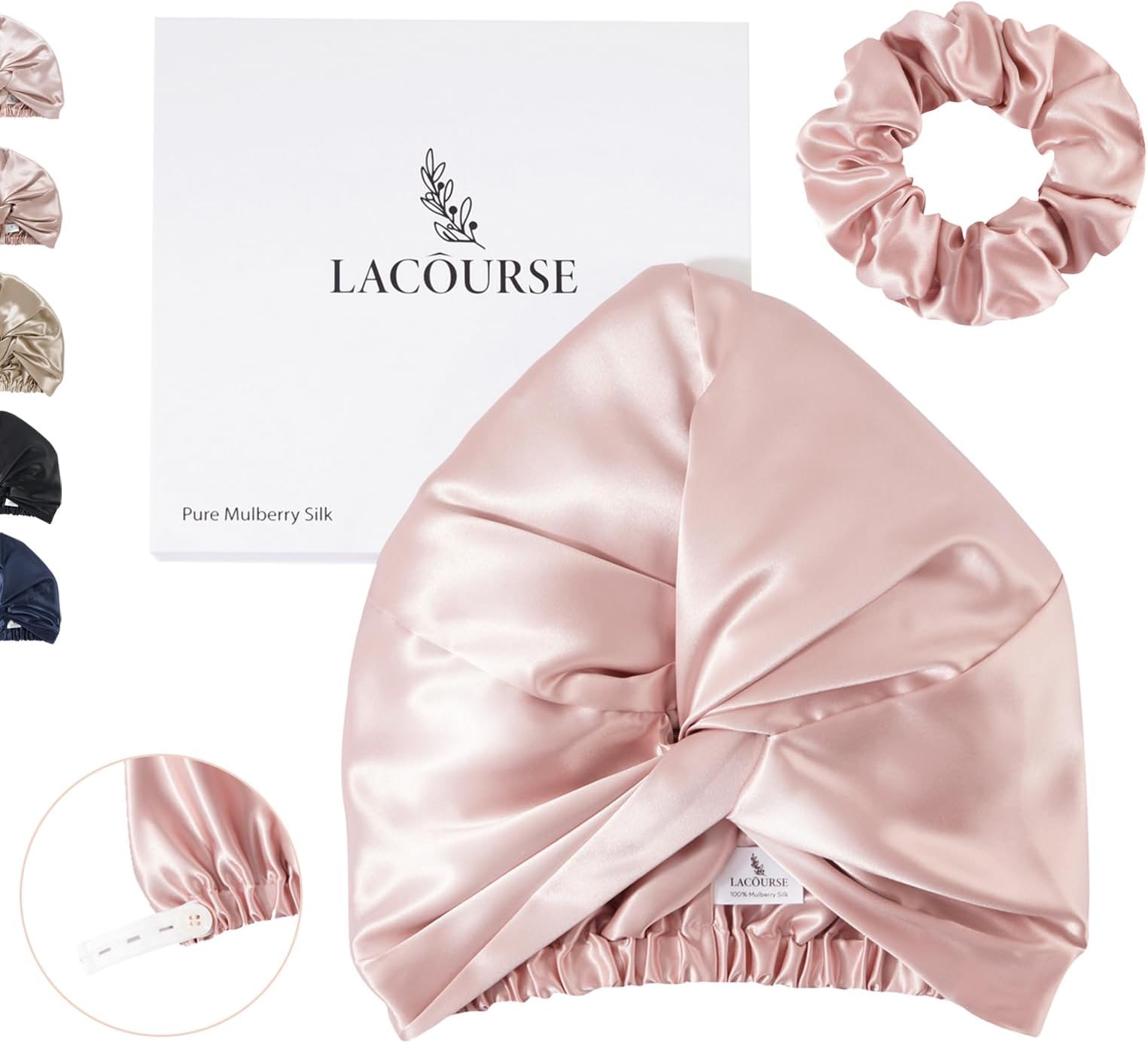 Anti-Slip Adjustable 22 Momme 100% Mulberry Silk Bonnet for Sleeping Women, Double-Layered Silk Hair Bonnet for Curly Hair, One Size (21-24" Head Size), Pink