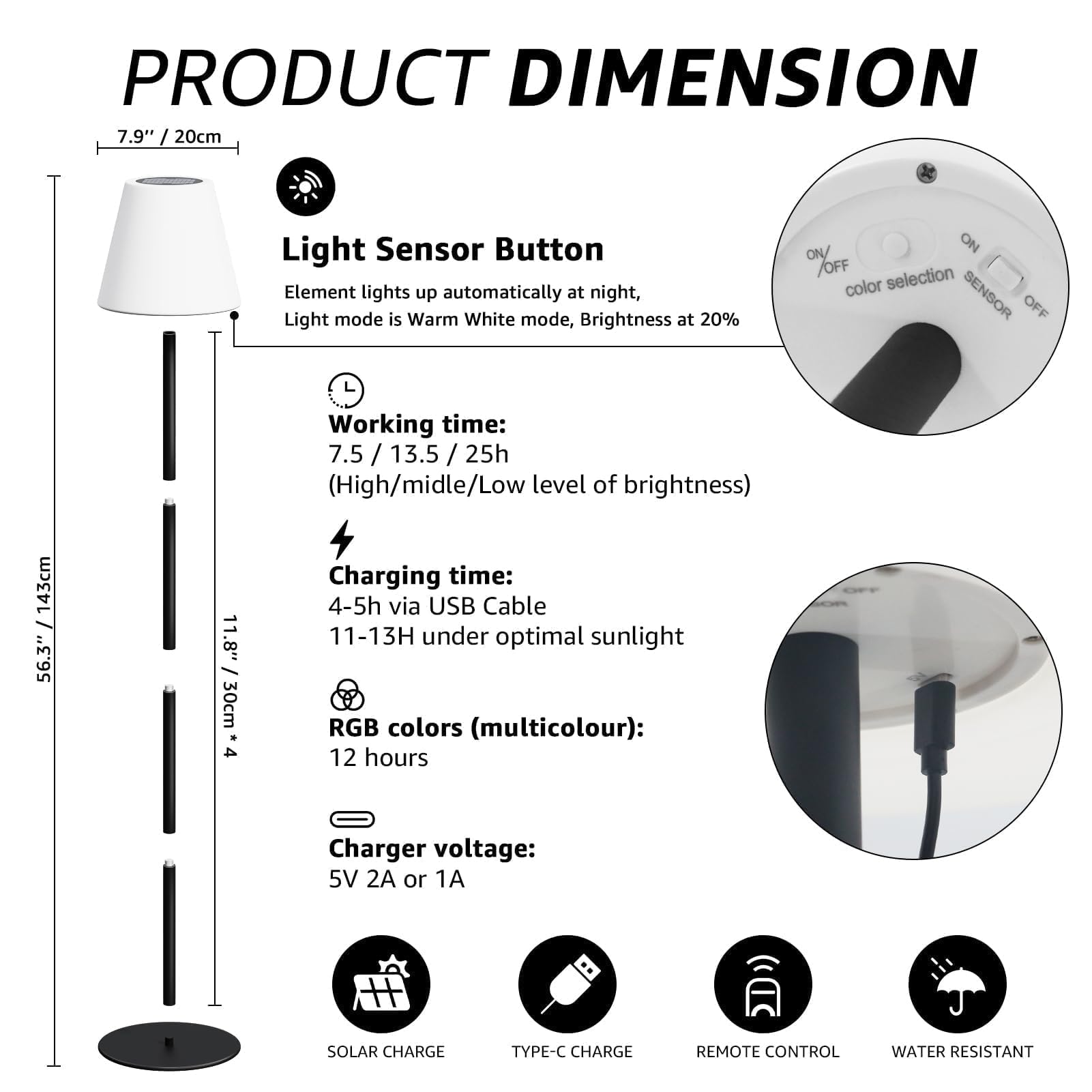 Lámpara solar de pie para exteriores, recargable por USB, inalámbrica, regulable, RGB de color blanco cálido, luces LED para patio, jardín, patio