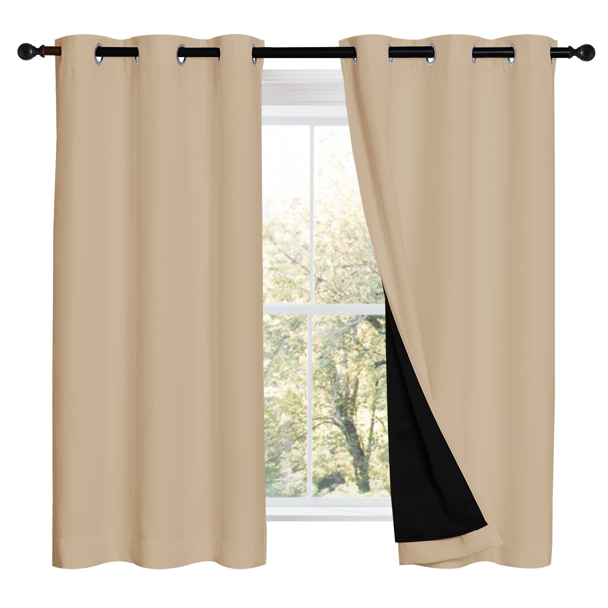 NICETOWN Cold Reducing Curtains, Bedroom Full Blackout Panels, Great Job for Blocking Light, Complete Blackout Draperies with Black Liner for Night Shift (Biscotti Beige, Set of 2, 42 by 54-inch)
