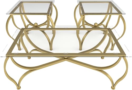 Miniatura 9 de Juego de mesa auxiliar de 3 piezas con vidrio templado, mesa auxiliar rectangular y 2 mesas auxiliares cuadradas, juego moderno de muebles de sala