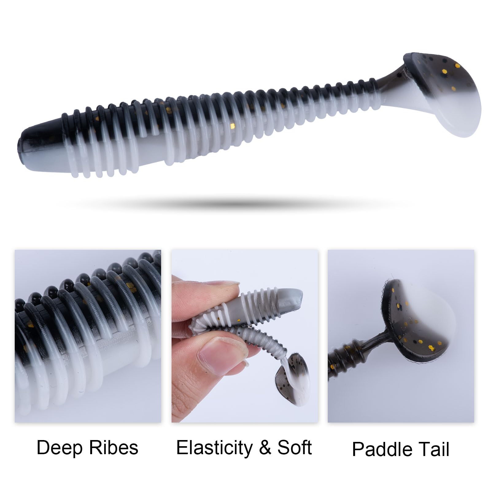 4 Pcs 0.15mm White Nylon Fishing Line 5 Pcs T-Tail Soft Bait Set Lightweight Durable and Low Visibility Fishing Line with Lifelike T-Tail Soft Lures for Freshwater and Saltwater Fishing