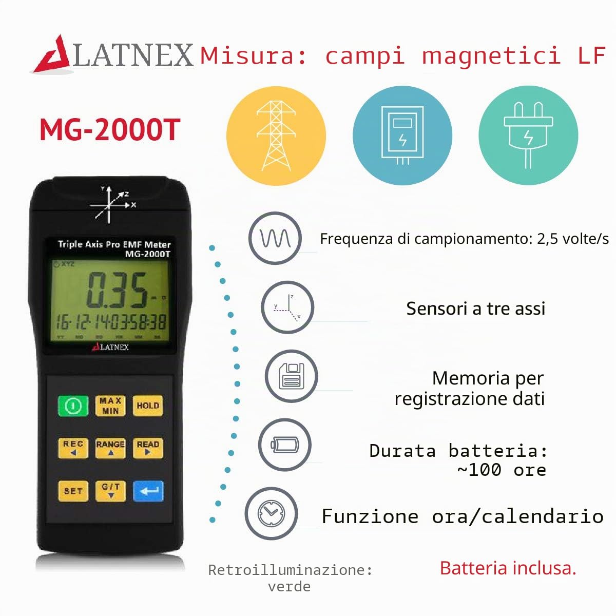 LATNEX EMI Magnetico Campo Gauss Meter MG-2000T Uso professionale con Datalogger EMI da MRI Macchine Industriali e Medicali Apparecchiature Linee elettriche ed Elettrodomestici Ispezioni EMF