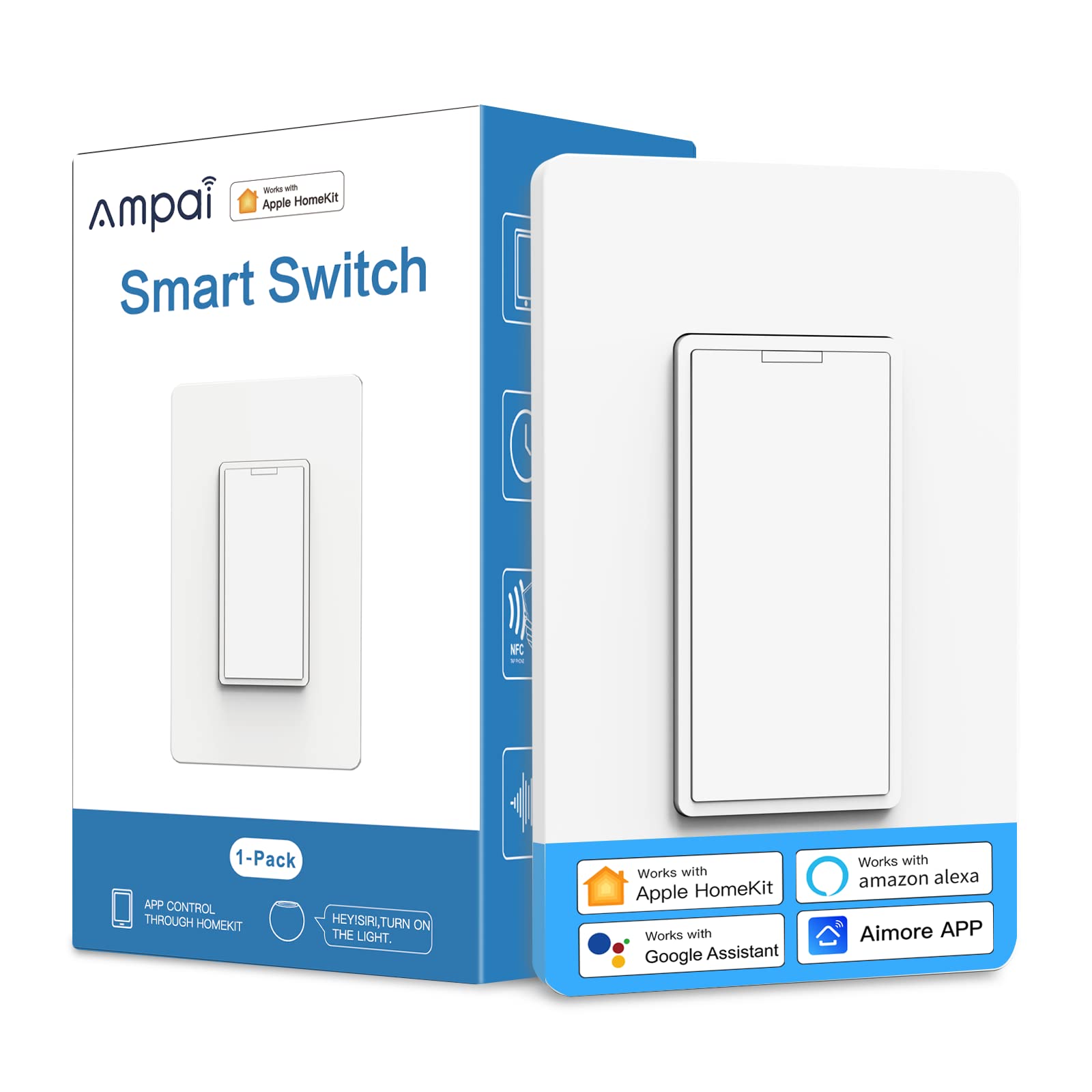 Smart Light Switch - Single Pole, Neutral Wire Required - 2.4GHz Wi-Fi Reliable Smart Switch Works with Apple HomeKit, Siri, Alexa, Google Home - 1 Way - 1 Pack