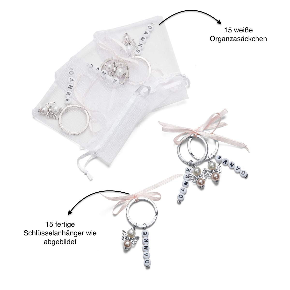 15 Stück + 15 Organza Beutel Gastgeschenke Hochzeit Taufe Weihnachten Geburtstag Kommunion Konfirmation Geschenk für Gäste Anhänger