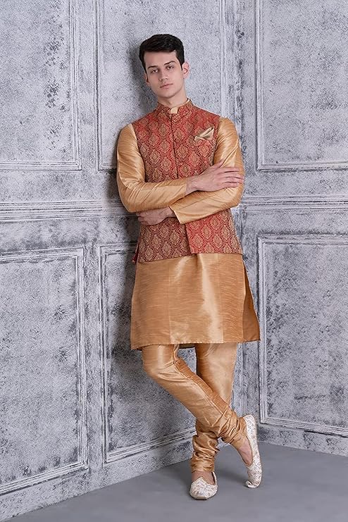 Image of Uri and MacKenzie Men's Silk Blend Kurta Churidar Pyjama with Stylish Nehru Jacket