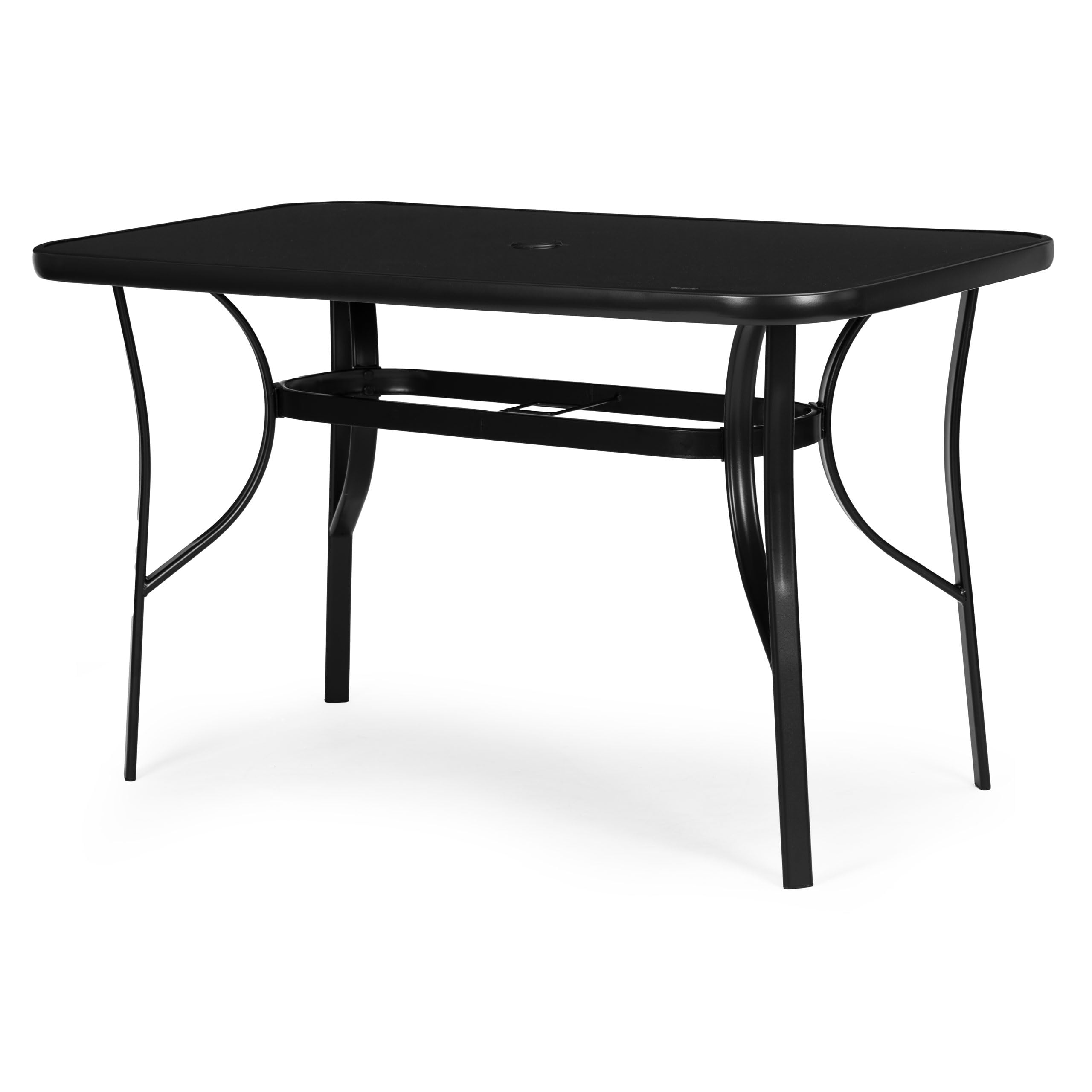Mesa de jardín de 120 x 70 cm con tablero de cristal templado, mesa de terraza con orificio para sombrilla, mesa rectangular para balcón, mesa de exterior de acero