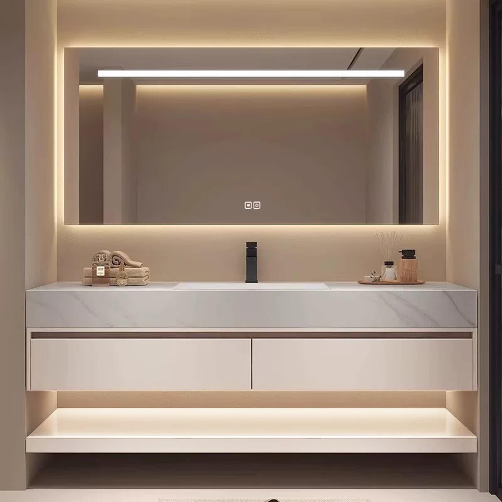 Mobile da bagno moderno da 91,4 cm con lavabo singolo, completamente assemblato, unità bianca Smart LED Defog specchio da parete design galleggiante piano di lavoro in pietra sinterizzata cassetti con