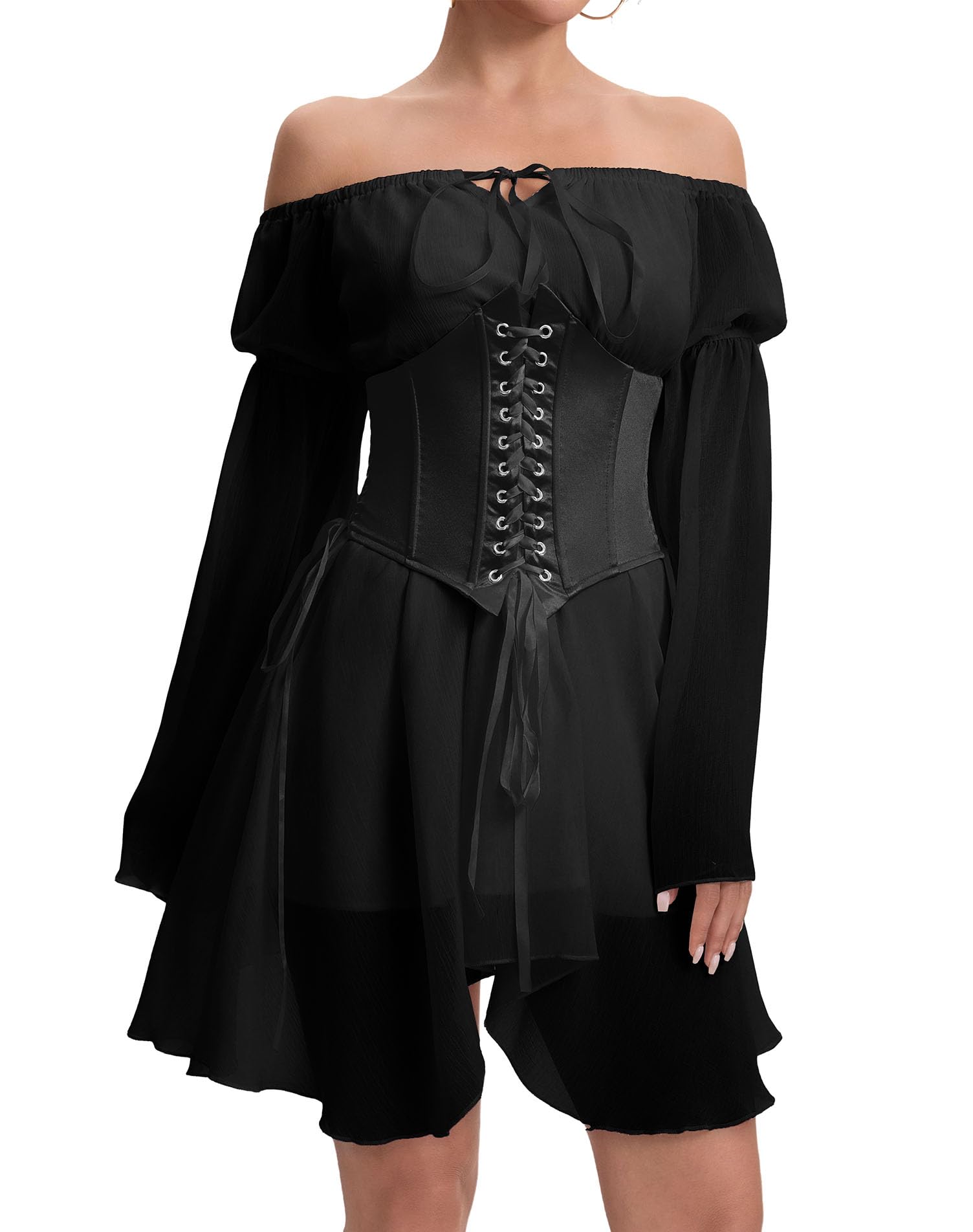 TSMNZMU Womens Two Piece Sets Corset Dress Off Shoulder Bell Sleeve Chiffon Dresses Lace-Up Mini Bustier Party Dress: 2 Piece Set Black XX-Large