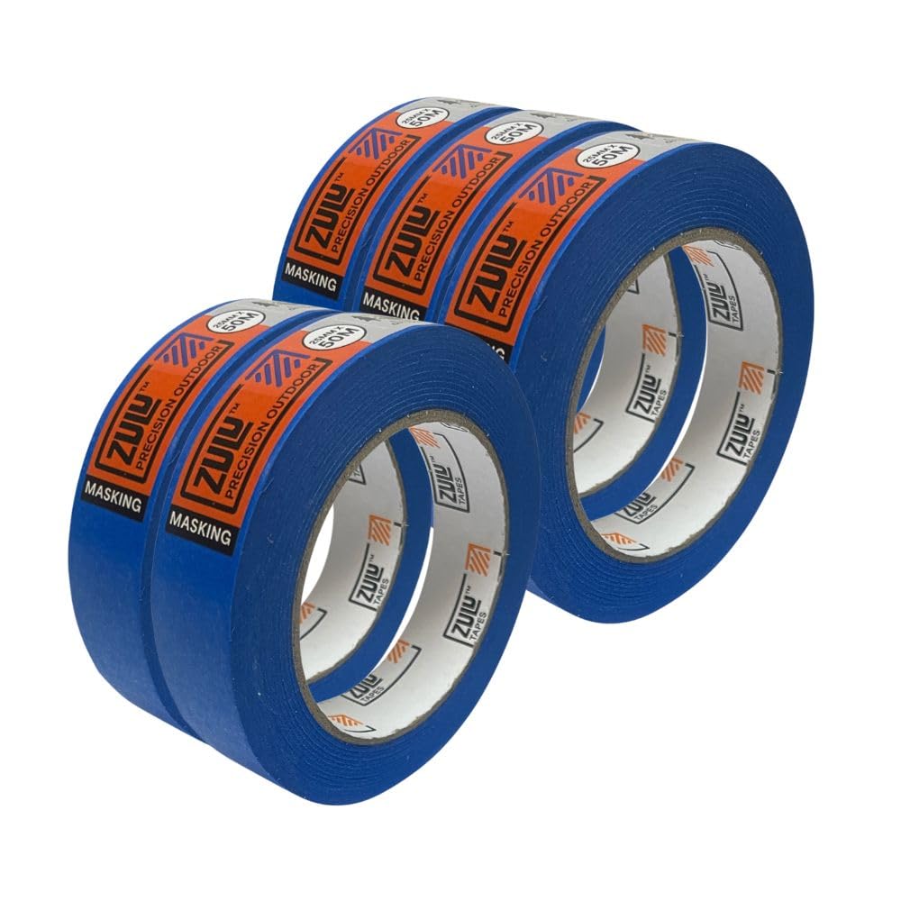 Zulu Precision Masking Tape for Painters 25mm x 50m - Multi Surface Outdoor Blue Adhesive Tape for Painting, DIY, Decorating - UV Heat Resistant, Waterproof - Up to 6mth Removal | (5 Pack)