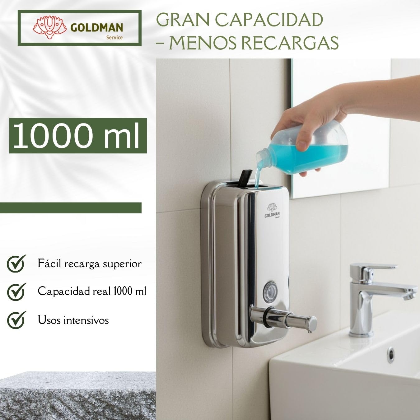 GOLDMAN SERVICE | Kit Hostelería Profesional: Grifo Pedal + Caño Alto giratorio 360º + Dispensador INOX 1000 ml
