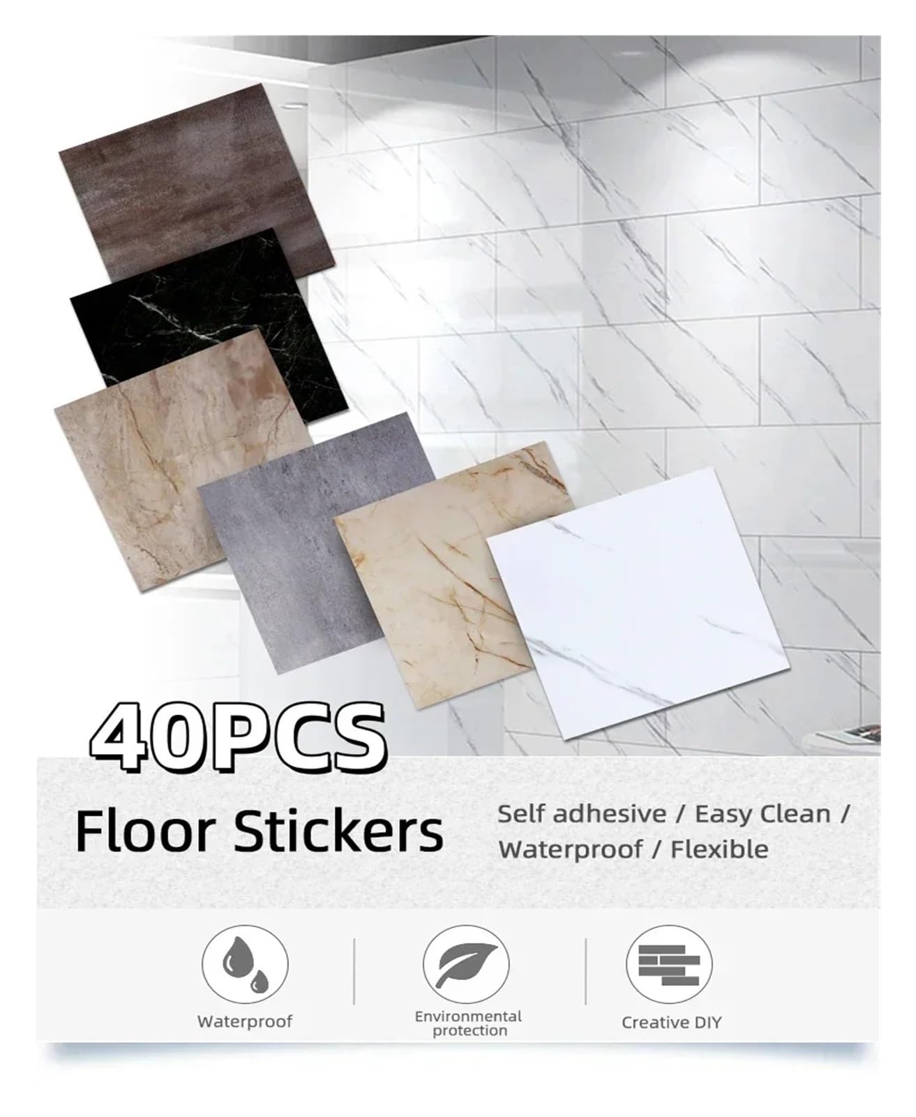 Pavimento Pvc Adesivo,Pellicole Adesive Per Mobili 40 adesivi for pavimenti in piastrelle finte impermeabili 30 * 30 cm, decorazioni murali autoadesive for bagno, soggiorno(T02-40pcs)