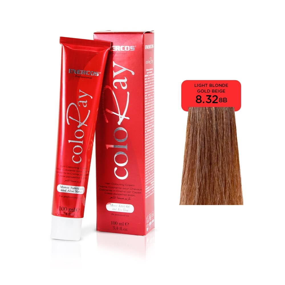 Enercos Professional Coloray Professional Hair Color, Long Lasting Tones, & Extra Shine, Ammonia Free, #8.32, Light Blonde Gold Beige, 100 ml