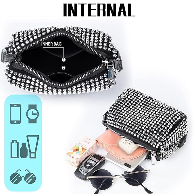 Image of Classy Bag Women's Rhinestone Studded Shoulder Bag - Black Barrel Purse with Detachable Chain Strap - Sparkly Evening Handbag for Party, Prom, or Night Out
