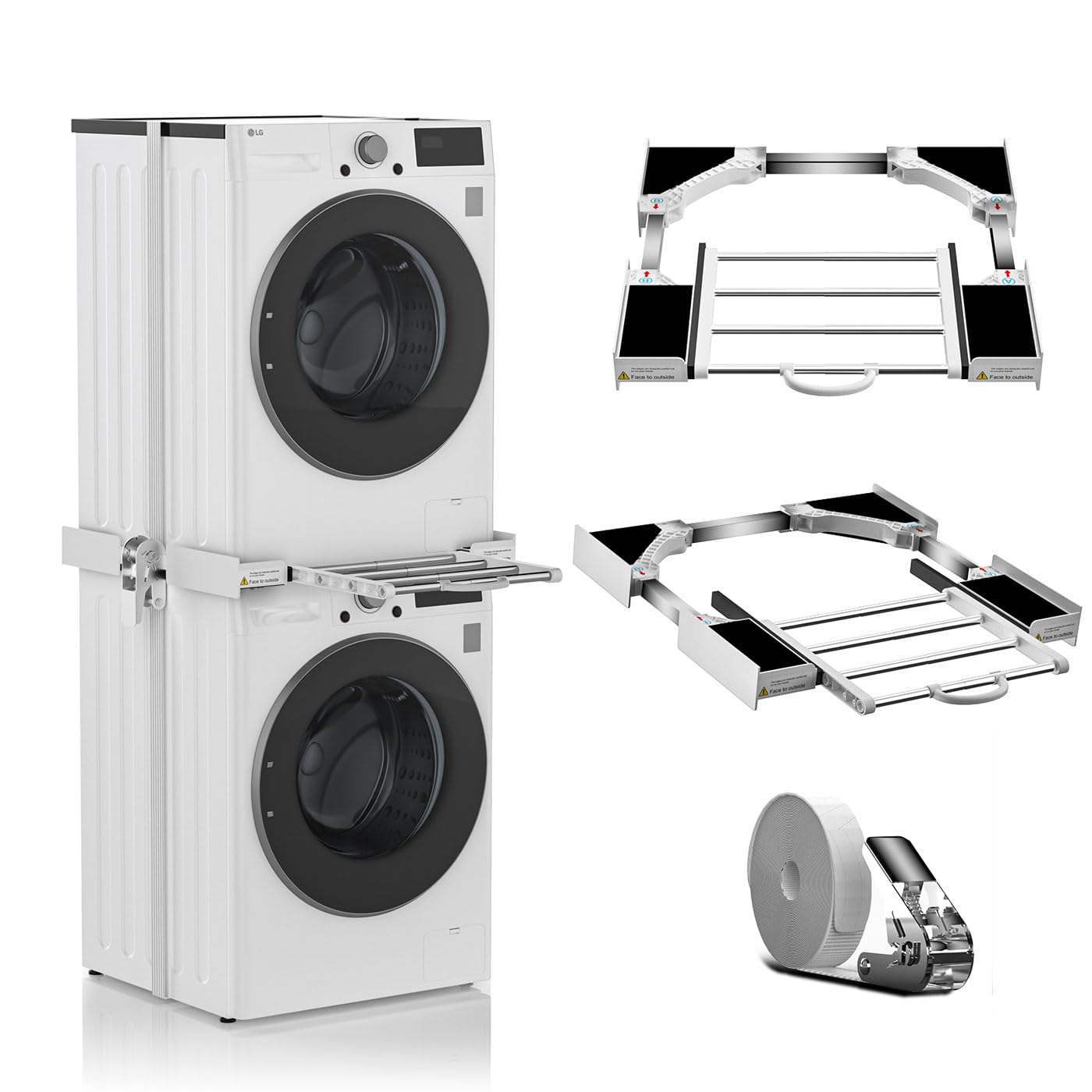 Kit Union Lavadora Secadora,Soporte Lavadora Secadora Ajustable con Tendedero de Ropa Retráctil,Kit Apilado Universal con Cuerda de Trinquete,Tamaño Ajustable 54-73cm