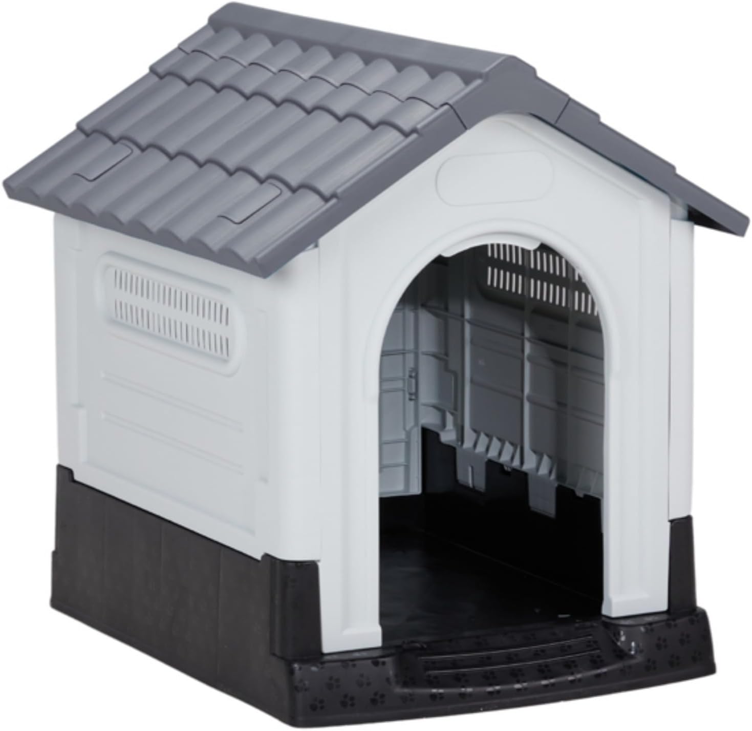 33inch Gray and White PVC Pointed Roof House Type Shutters Cat and Dog House, Durable House for Indoor and Outdoor Use, Weatherproof Pet Plastic Dog House for Dogs and Cats, with Vents and Mats