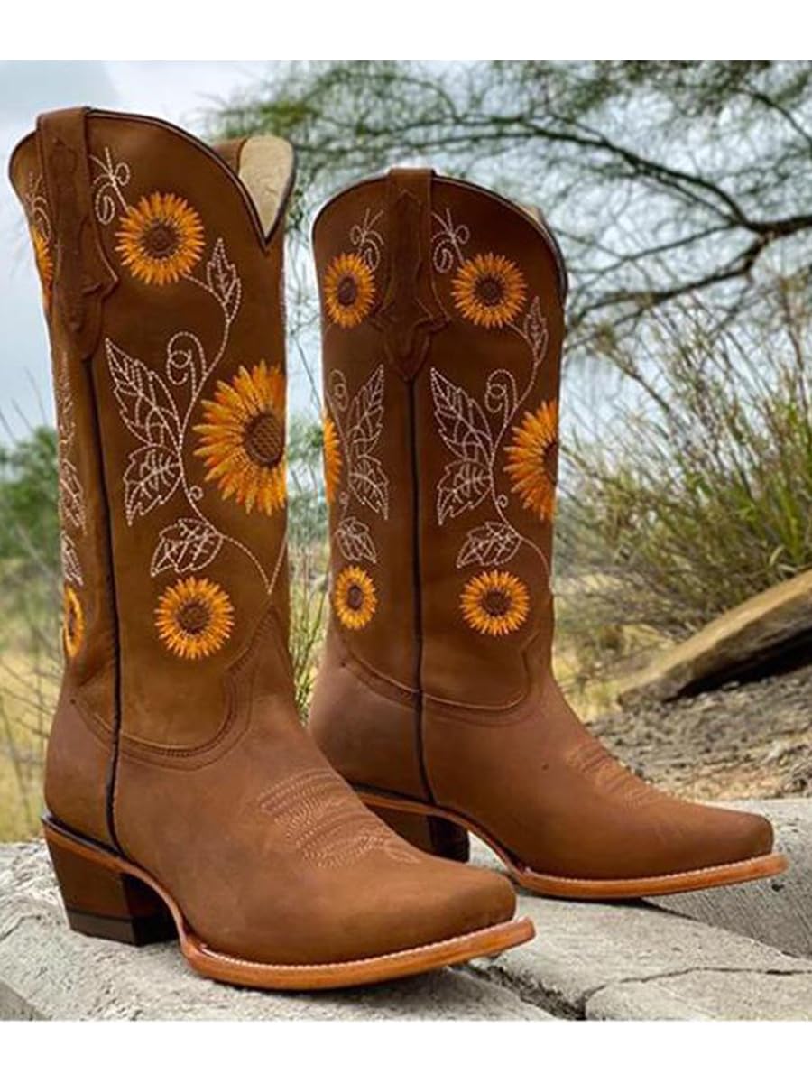 Ulalaza Botas de mujer Botas de vaquero occidental Botas de vaquera a media pantorrilla Botas altas con punta puntiaguda bordadas de tacón grueso Botas cortas hasta la rodilla con punta cuadrada