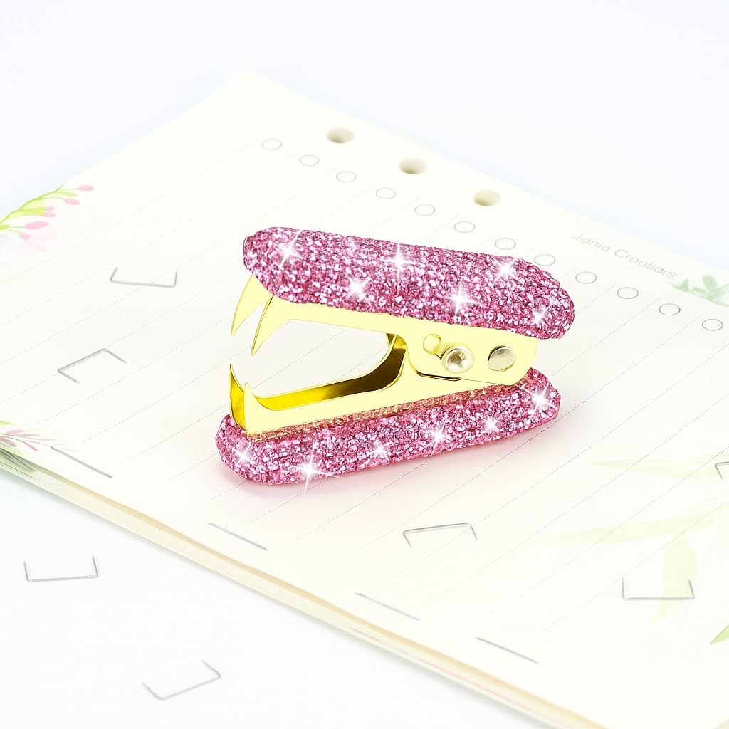 MultiBey Bling Schreibtisch-Organizer: Hefter, Klebebandspender, Heftklammerabzieher | 25 Blatt Kapazität Strass Acryl Heftgerät mit 1000 Heftklammern. Sparkling Office Supplies Geschenkset für Frauen (Rosa)