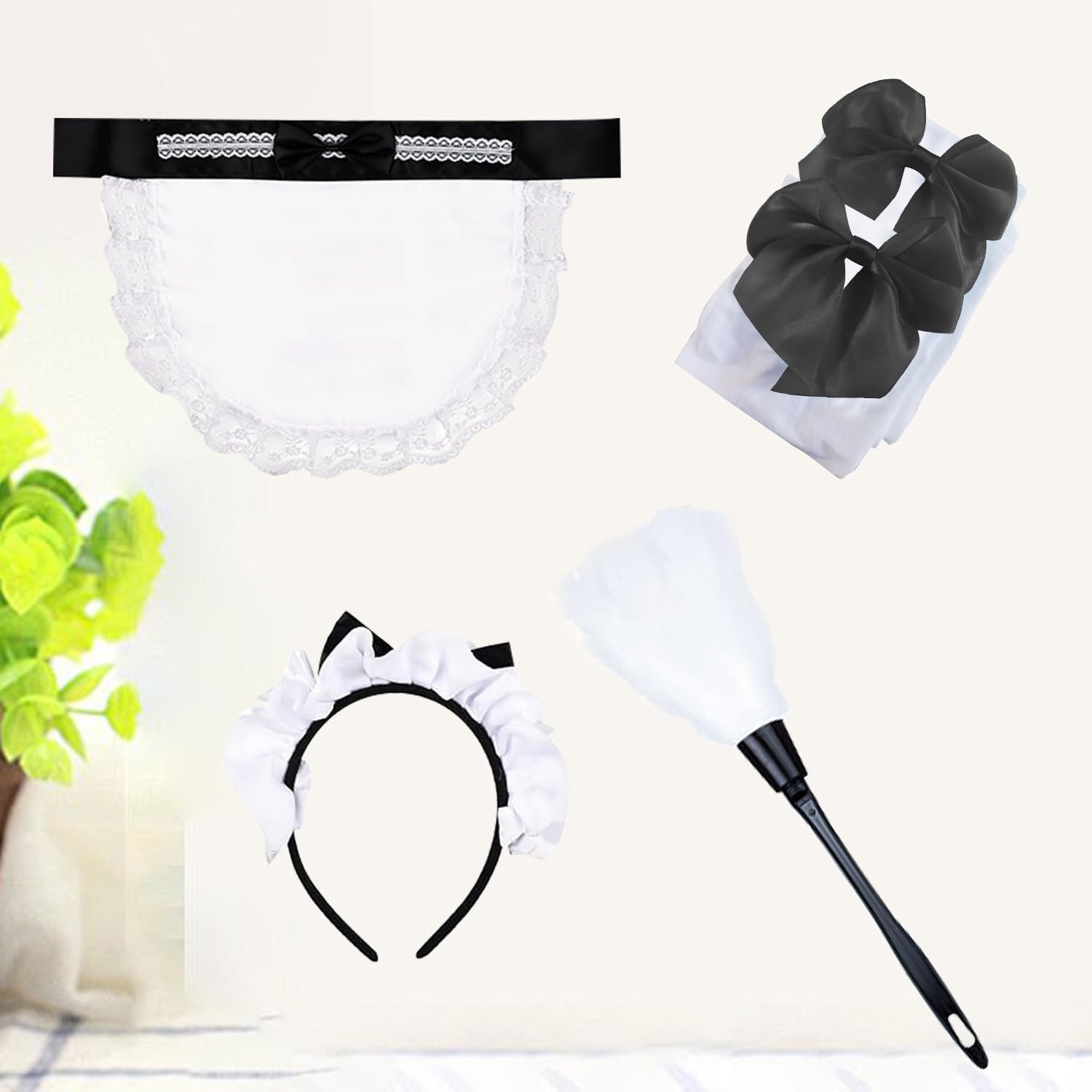 BORFUE 4Pcs Maid Dress Cosplay Set Maid Costume Headwear Maid Feather Cleaner Tool Maid Apron Socks for Halloween Christmas Cosplay - Image 3