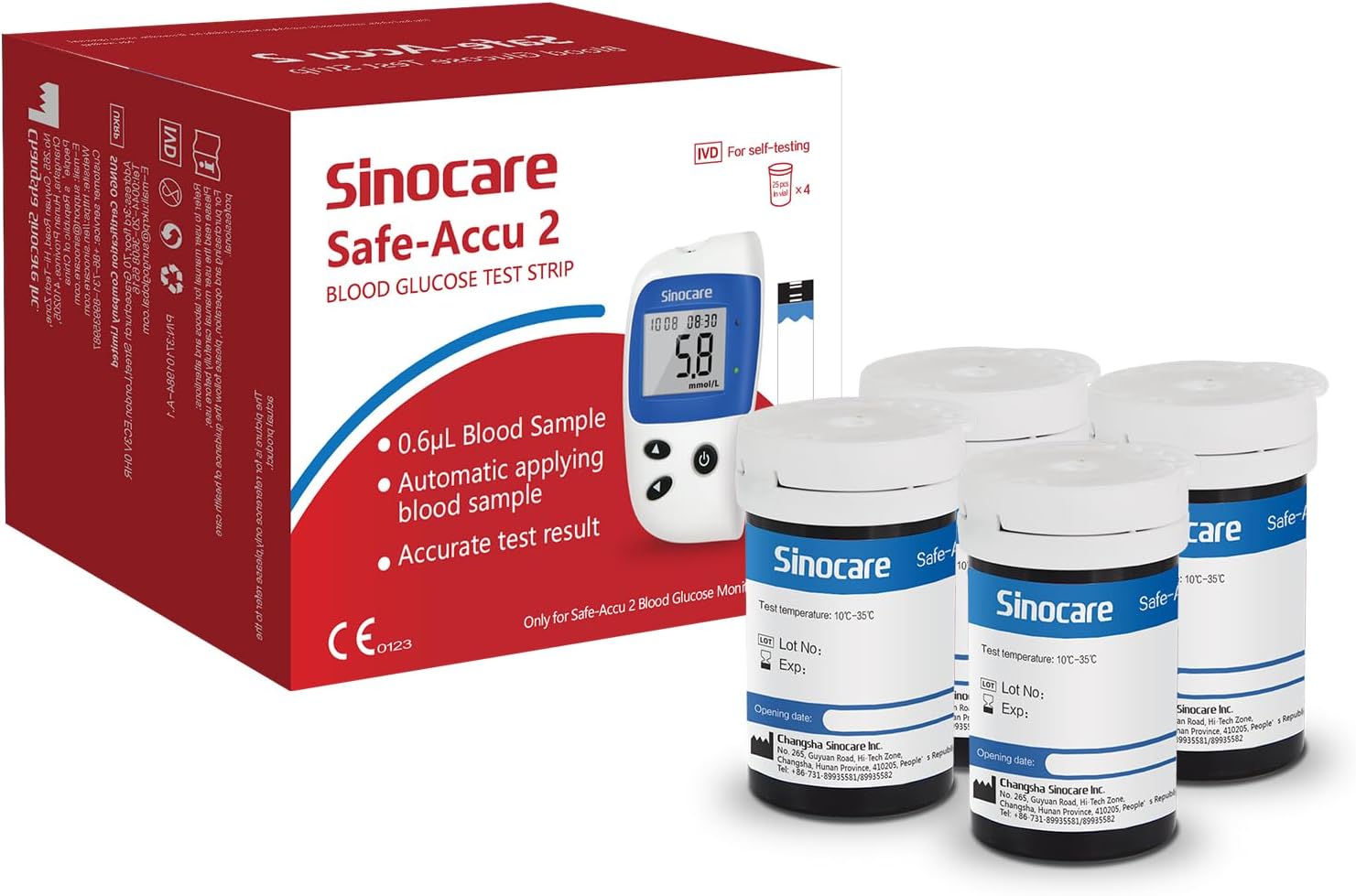 Sinocare Safe-Accu2 Blood Sugar Test Strips ×100, No Lancing Devices, Only Applicable to Safe-Accu2 Blood Sugar Monitor, No Code