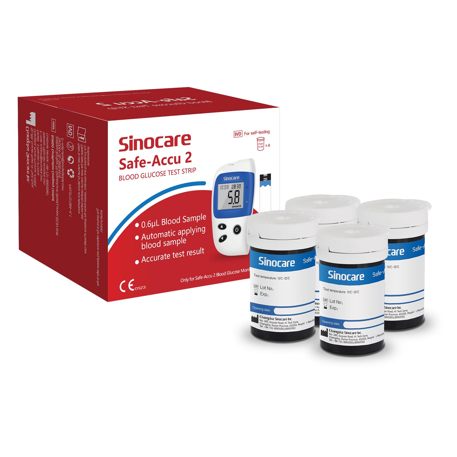 Sinocare Safe-Accu2 Blood Sugar Test Strips ×100, No Lancing Devices, Only Applicable to Safe-Accu2 Blood Sugar Monitor, No CodeClimatePartner certified