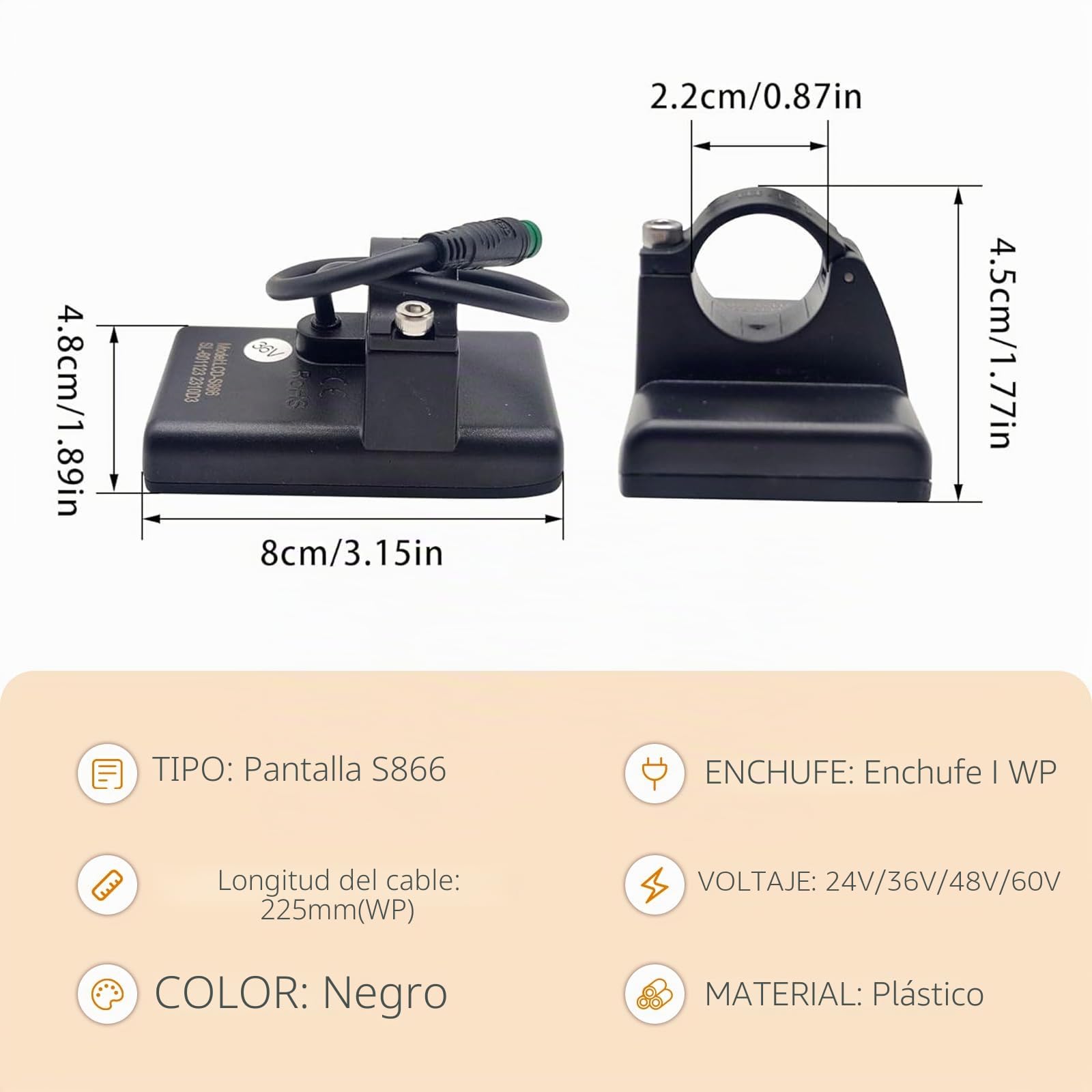 Pantalla LCD para Bicicleta eléctrica S866, medidor de Pantalla para Bicicleta eléctrica E de 5 Pines y Conector Impermeable, 24 V 36 V 48 V Panel de Control de velocímetro y odómetro para Scooter