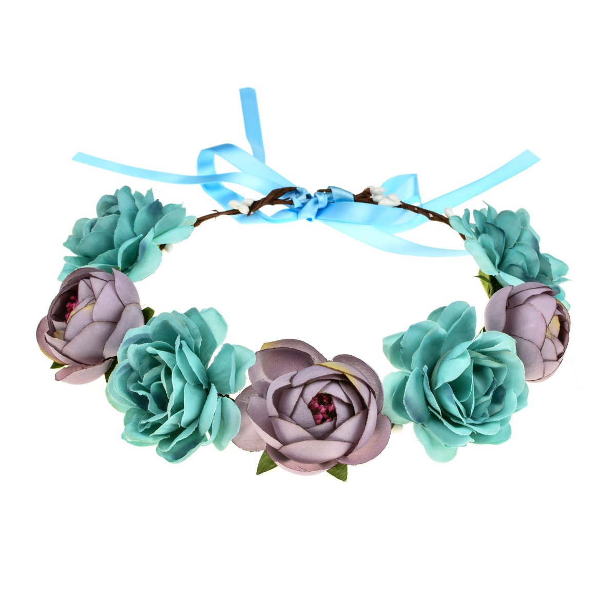 Accesyes Flower Headband Camellia Leaf Crown Women Festival Floral Wreath for Photography (Blue)