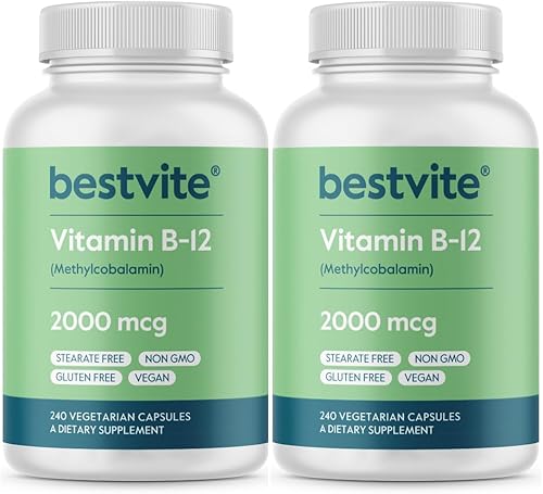BESTVITE Vitamina B12 (metilcobalamina) 2000mcg (480 cápsulas vegetarianas) (2 x 240) (metilo B12) - Sin estearatos - Vegano - Sin OMG - Sin gluten