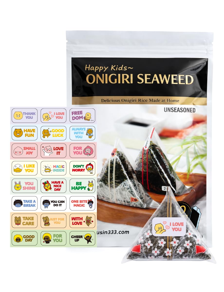 Lot de 40 feuilles de papier d'emballage en forme d'algues coréennes pour onigiri triangulaires + 48 autocollants de cachetage mignons – Algues onigiri torréfiées deux fois, nori, sushis, cuisson